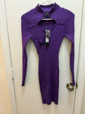 Ribbed Long-Sleeve Purple Bodycon Dress
